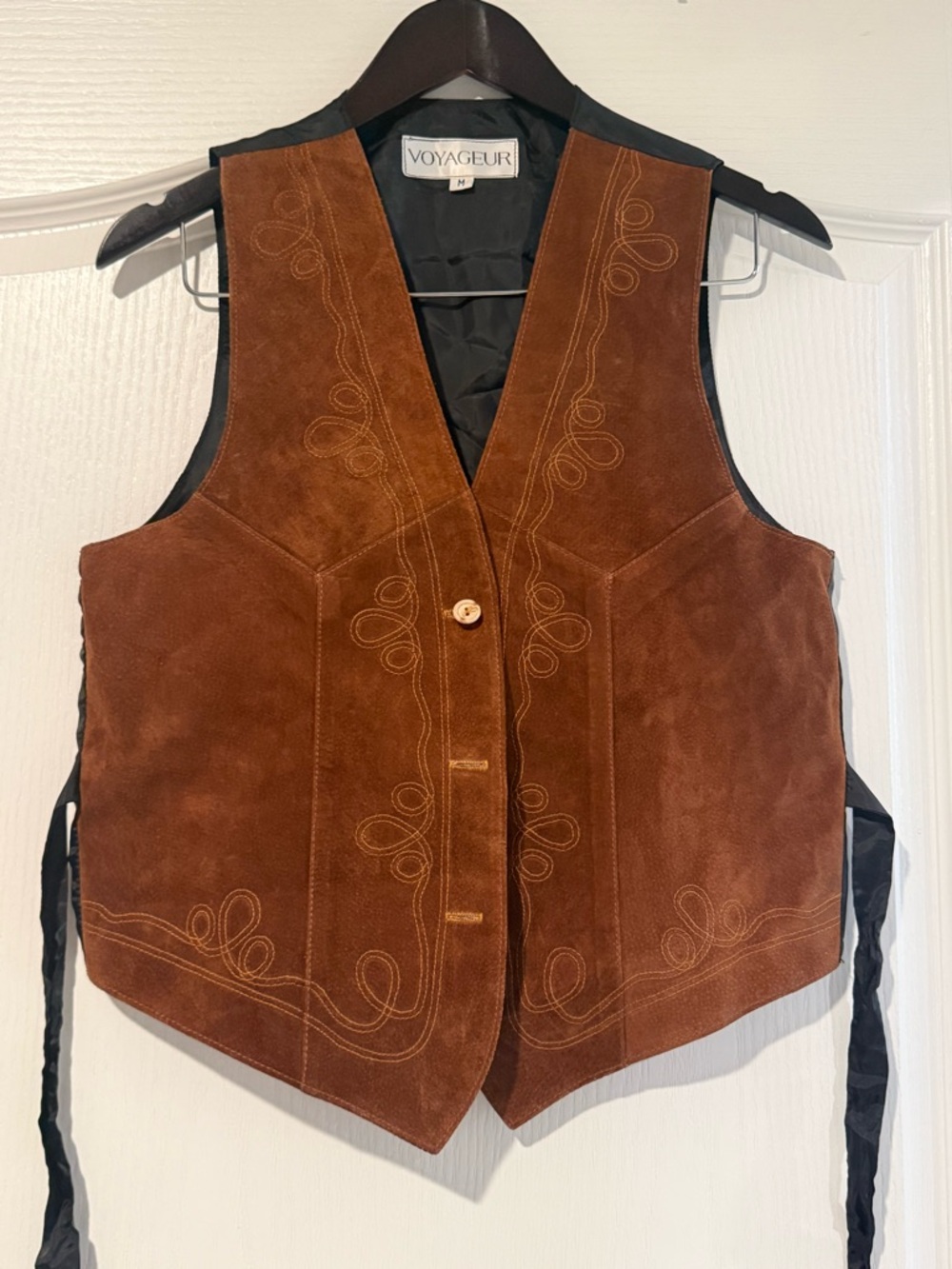 Vintage Suede Leather Vest Western Boho Embroidered Brown Button Front Womens M